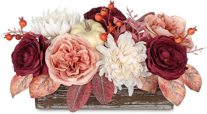 DILATATA Fall Decor Autumn Harvest Pumpkins Centerpiece - Artificial Rose Chrysanthemum Flowers Berries Arrangement in Rectangle Wooden Box for Thanksgiving Party Mantel Fall Decor