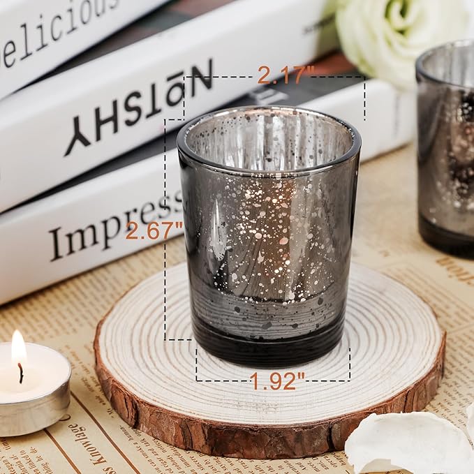 24 Pcs Black Votive Candle Holders, Speckled Mercury Black Glass Candle Holder Bulk for Wedding Centerpiece Table Decor, Tea Lights Candle Holder for Valentines Day Decor, Home Decor