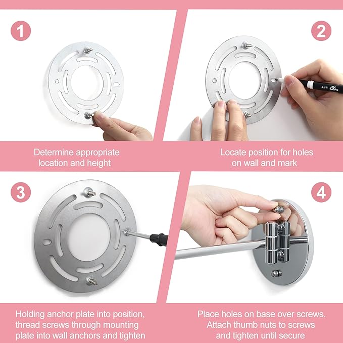 Wall Mounted Makeup Vanity Mirror with Lights, 8” Double Sided 1X/10X Wall Mount Magnifying Bathroom Shaving Mirror with 3 Color Lights, Rechargeable Touch Dimmable Extendable Cosmetic