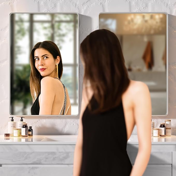 Hasipu 2 PCS Bathroom Mirror for Wall, 32 x 24 Inch Silver Metal Framed Bathroom Mirrors for Over Sink, Rectangle Bathroom Vanity Mirror, Anti-Rust, Tempered Glass, Horizontal or Vertical