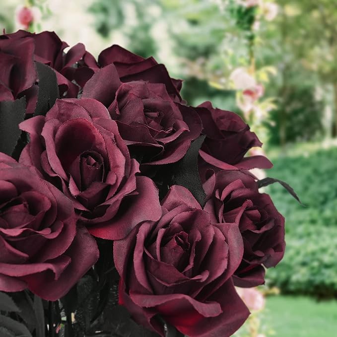 Artflower 10 Pack Artificial Silk Roses Bouquet with Long Stem, 16'' Wine Red Rose Lifelike Fake Rose Flowers for Christmas Wedding Birthday Party Table Centerpieces Decor
