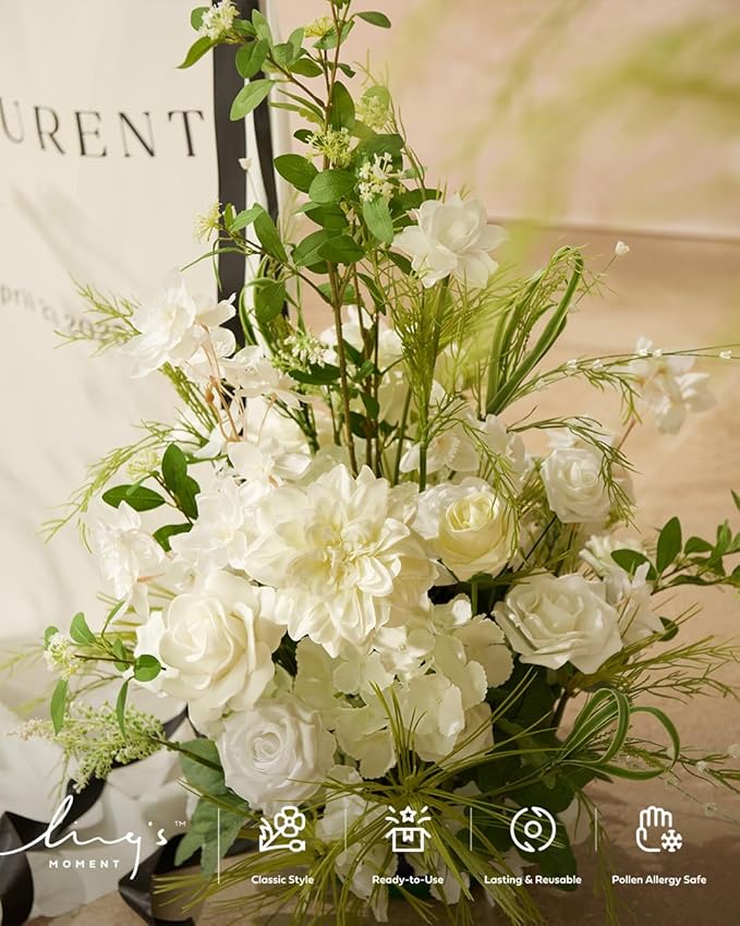 Ling's moment 41.0" Tall Free-Standing Wedding Aisle Artificial Flowers for Ceremony Decor, 2PCS White Walkway Floral Chair Markers, Faux Rose Altar Arch Arrangement Spring Decorations Outdoor