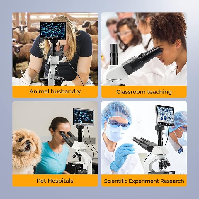 [Research-Grade] Vabiooth Lab Compound Trinocular Microscopes 40X-2500X Magnification with 7" LCD Screen 5MP E-Eyepiece, Two-Layer Mechanical Stage for Animal Husbandry, Pet Hospitals, Lab, Farms