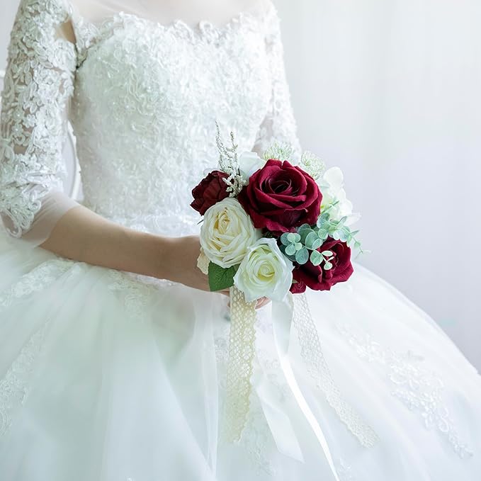 Wedding Bouquets for Bride Bridesmaid, Artificial Burgundy Champagne Bride Flower Bouquet for Wedding Church Decoration Ceremony, Anniversary, etc, Roses Flowers