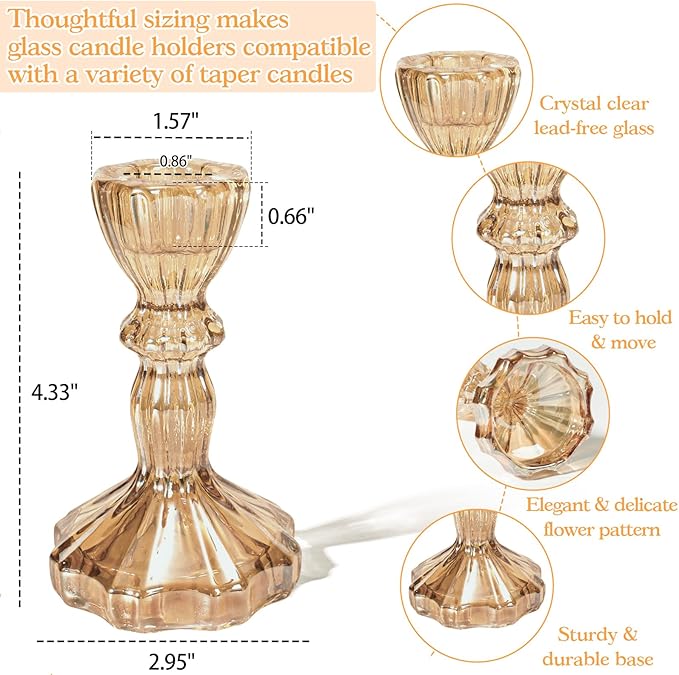Gold Glass Candlestick Set of 6 Clear Crystal Glass Candle Holders Taper Holder Decor for Wedding Birthday Party