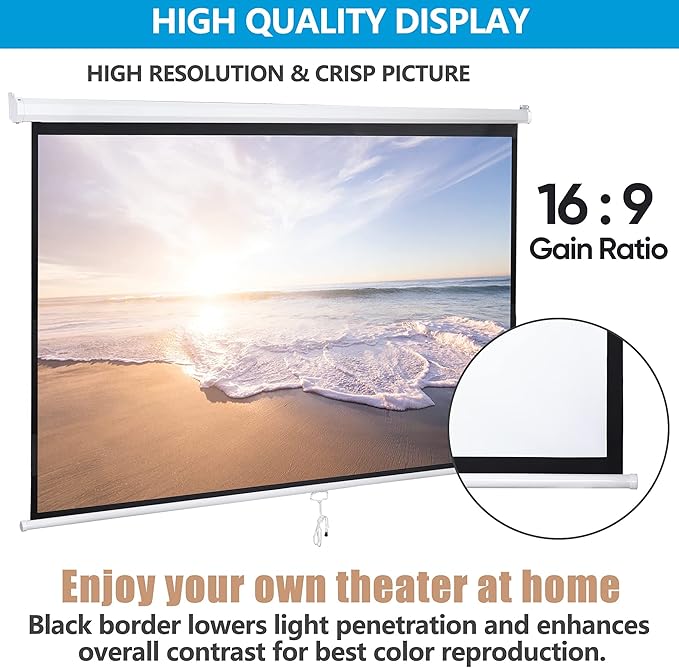 Smartxchoices 100" 16:9 HD Manual Projector Screen with Auto Lock Anti-Crease Home Theater Office Wall Mounted Ceiling Pull Down Projection 1.1 Gain Matte White, View Size: 87 x 49 inches