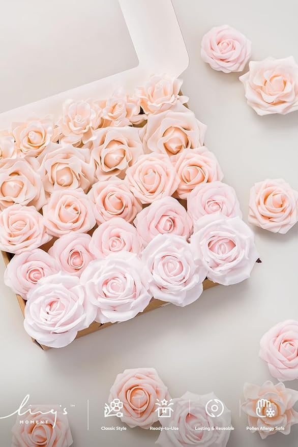 Ling's Moment Artificial Flowers Fake Silk Roses Faux Foam Gardenia Combo for DIY Wedding Bouquets Centerpieces Arrangements Bridal Shower Party Home Decorations, Pale Pink, 23pcs