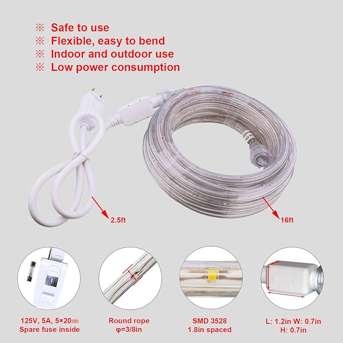Red LED Lights, 16ft Rope Lights, Flexible and Connectable Strip Lighting, Waterproof for Indoor Outdoor Use, 360 Beam Angle, High Brightness for Home Christmas Thanksgiving Halloween