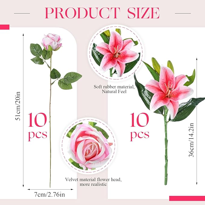 Hotop 20 Pcs Artificial Flowers Velvet Realistic Roses and Latex Lilies Flowers Bouquet Decorations Arrangements for Home Table Centerpieces Independence Day(Pink)