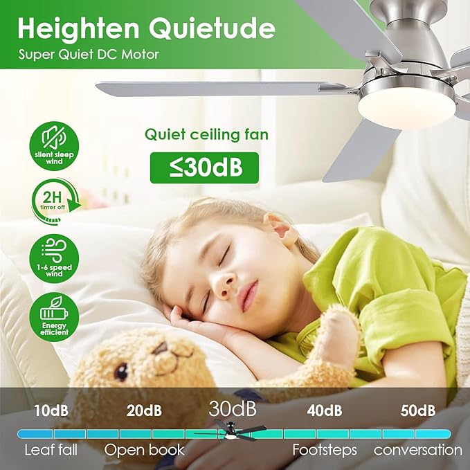 Ceiling Fans with Lights, 56" Flush Mount Ceiling Fan with Light and Remote/APP Control, Low Profile, Modern Ceiling Fan Reversible, Dimmable, Noiseless, Brushed Nickel for Bedroom
