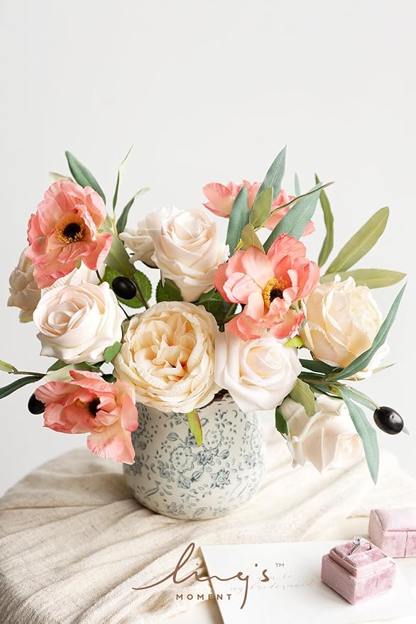 Ling's Moment Artificial Flowers Fake Silk Poppy Peony Faux Foam Roses Combo for DIY Wedding Bouquets Centerpieces Arrangements Bridal Shower Party Home Decorations, Coral & Cream, 24pcs