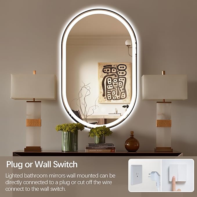Niccy Oval LED Mirror for Bathroom, 48x30 Front Lit + Backlit Vanity Mirrors with Light Anti-Fog, Shatter-Proof, 3 Colors, Makeup Mirror with Black Frame (Horizontal/Vertical)