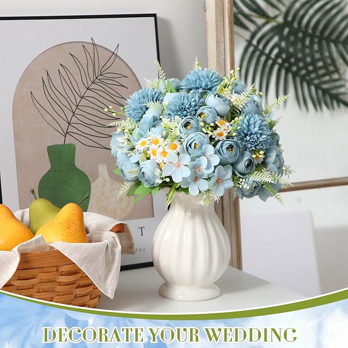 Tigeen 12 Bundles Peonies Artificial Flowers Faux Roses Silk Flowers Hydrangea Artificial Bouquet for Wedding Table Centerpiece Floral Vase Home Office Bridal Decor (Mist Blue)