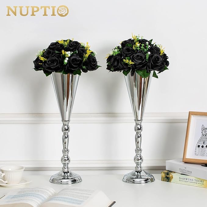 NUPTIO Black Artificial Roses Flowers: 6 Pcs Fake Flower Bouquet Halloween Decorations - 15 Heads Artificial Rose Centerpieces with Base for Gothic Wedding Party Table Decor