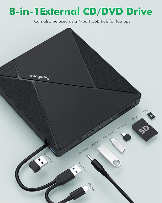 PeroBuno External CD DVD Drive, USB 3.0 Optical Disc Drive, 4 USB Ports and 2 TF/SD Card Slots, CD DVD Burner Writer Reader Player for Laptop MacBook PC Windows 11/10/8/7 Linux OS with Carrying Case