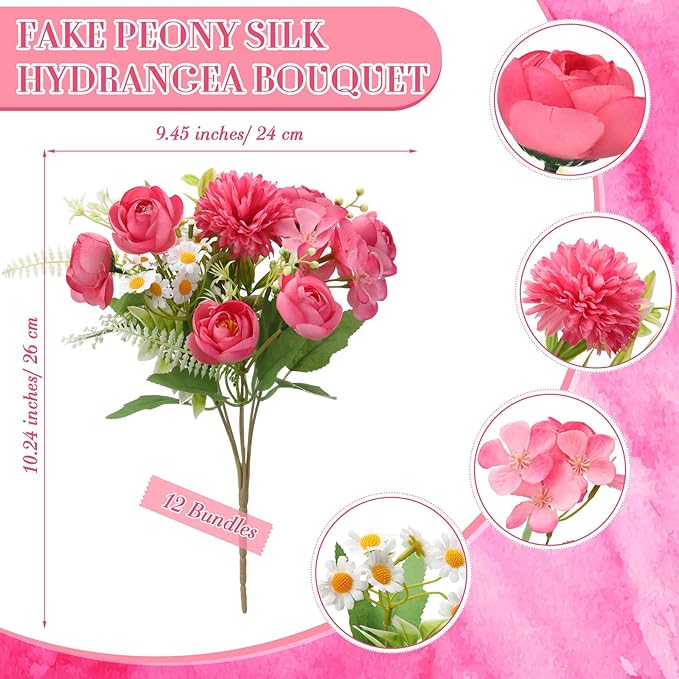 Tigeen 12 Bundles Peonies Artificial Flowers Faux Roses Silk Flowers Hydrangea Artificial Bouquet for Wedding Table Centerpiece Floral Vase Home Office Bridal Decor (Rose Pink)
