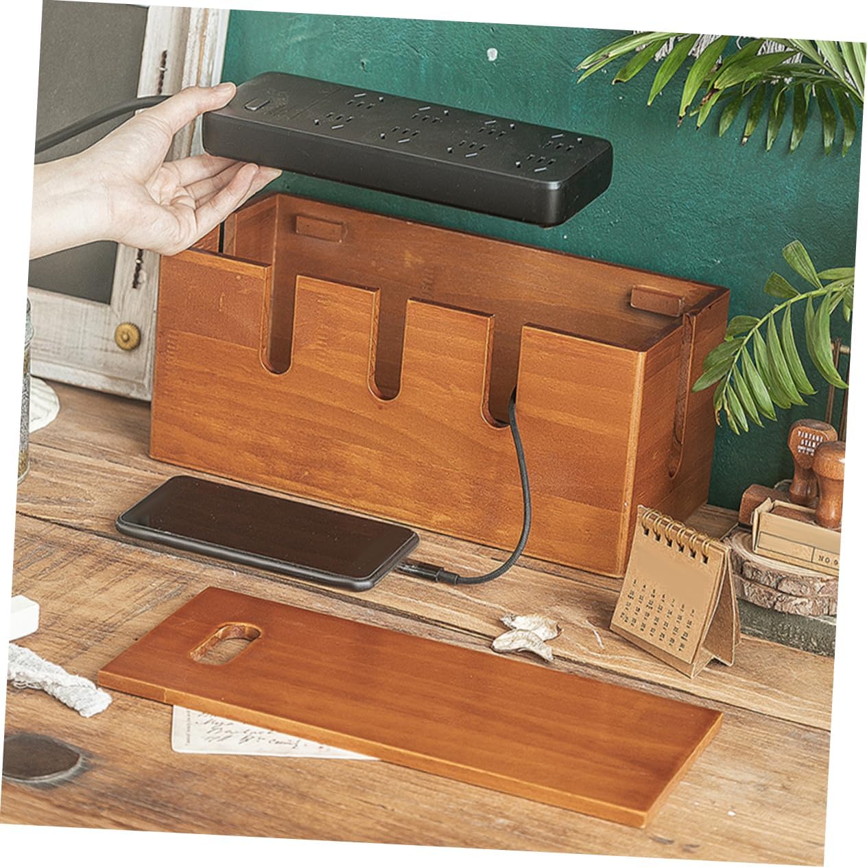 Zerodeko Wooden Cable Management Box, Cord Organizer for Phone Charger, Wire Organizer Container, Desk WiFi Storage Rack