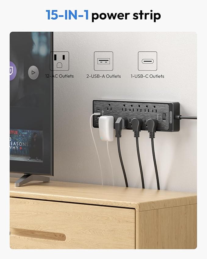NTONPOWER 15 ft Extension Cord, Flat Plug Surge Protector Power Strip with USB, 12 Outlets Surge Protector Wall Mount, 2100 Joules, 1875W, 15A Circuit Breaker for Home Office Dorm Essentials, Black