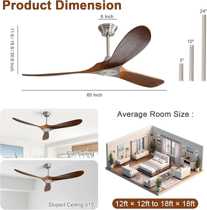 Sofucor 60 Inch Ceiling Fan No Light, Solid Wood Ceiling Fans Without Lights for Indoor/Outdoor, Remote Control, Reversible DC Motor, 3 Blades Modern Ceiling Fans for Patio, Living Room, Farmhouse