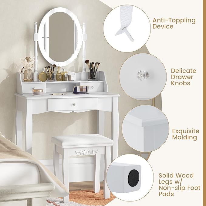 CHARMAID Girls Makeup Vanity Desk with Lights, Vanity Table with Lighted Mirror, 3 Lighting Modes, Adjustable Brightness, Modern Makeup Table with 3 Drawers and Stool for Small Space (White)