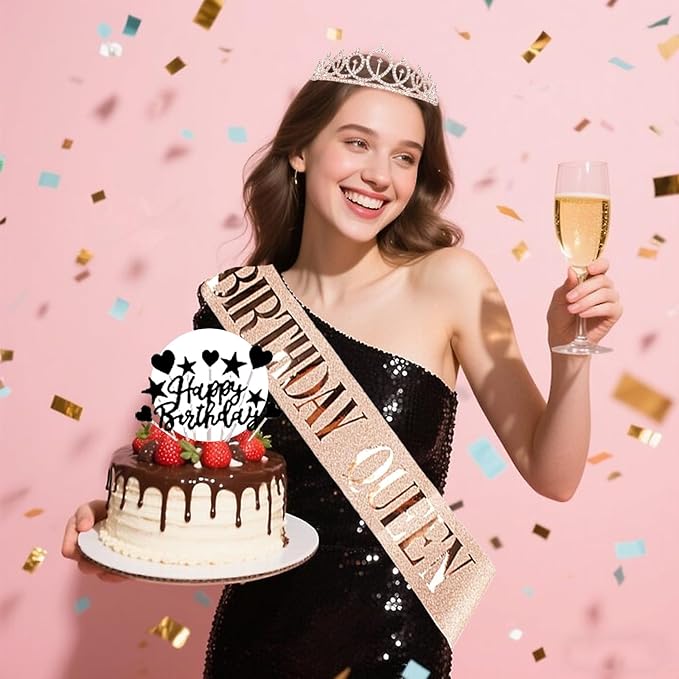Rose Gold Black Birthday Decorations for Girls Women - 54pcs Happy Birthday Banner, Crown Sash, Cake Topper, Confetti balloons, 3D Butterflies Decor, 4 Balloon Stands kits