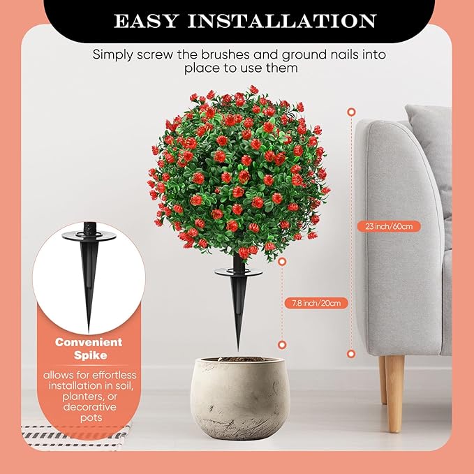 24" Artificial Topiary Boxwood Ball Tree with Ground Spike, Set of 2, UV Resistant Outside Fake Bushes Plants, Faux Cedar Balls Faux Shrubs Plastic Plants for Outdoor Indoor Front Porch Garden Decor