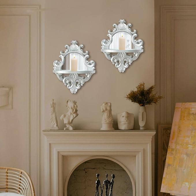 Three-Dimensional Relief Candle Sconces Set 2 Rustic Wall Mount Candle Holders Wood Hanging Wall Decor Mirrored Wall Art Hand Carved Home Decoration Silver