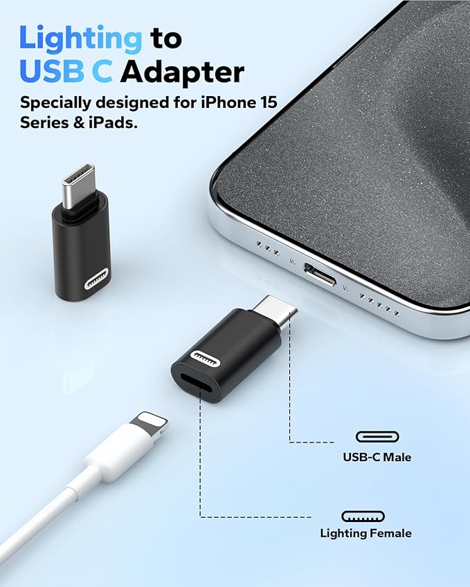 MoKo Lightning to USB C Adapter for iPhone 17 Air 16 15 Pro Max Plus, Galaxy S25 S24 S23, iPad Pro/Air, 2 Pack USB-C to Lightning Adapter for Fast Charging/Data Transfer, Not for Audio/OTG, Black PD