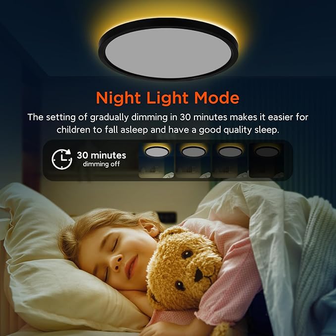 TALOYA Flush Mount Ceiling Light with Remote,3000K-6500K Adjustable,2000K Nightlight,12 Inch, Led Low Profile Ceiling Lights for Bedroom, Living Room, Kitchen, Black