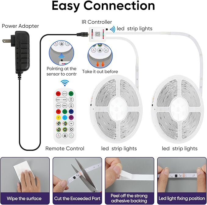 Led Lights for Bedroom IC+RGB Music Sync Color Changing Led Strip Lights with Remote App Control Led Strip, Led Lights for Room Home Kitchen Decor Party (166FT)