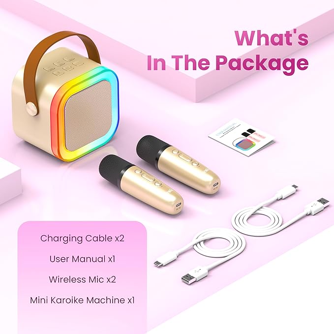 Mini Karaoke Machine for Kids Adults, Portable Karaoke Microphone Singing Speaker Bluetooth Karaoke Player with 2 Wireless Mic, Birthday Gifts for Girls Boys 4-12 Year Old, Family Home Party(Gold)