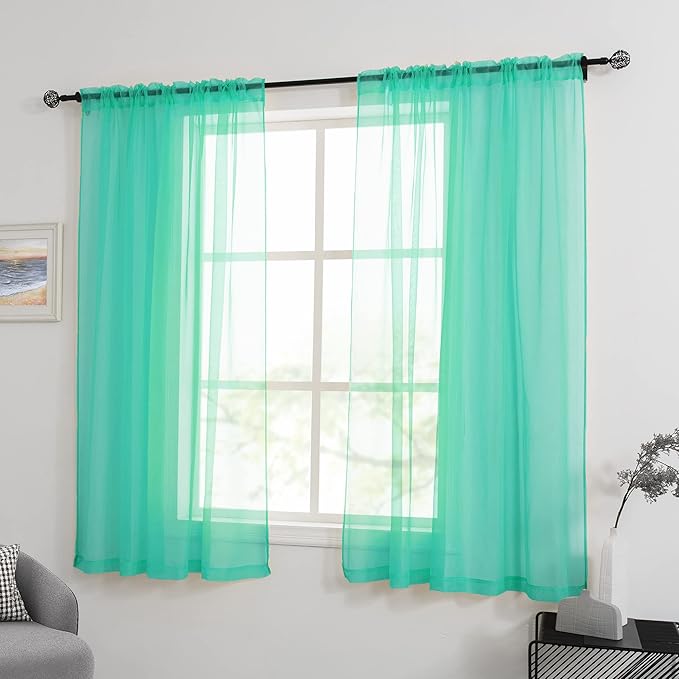 HUTO Window Sheer Turquoise Curtains for Bedroom Rod Pocket Voile Sheer Drapes for Living Room 2 Panels Curtains Each is 52 inches Wide by 63 inches Long