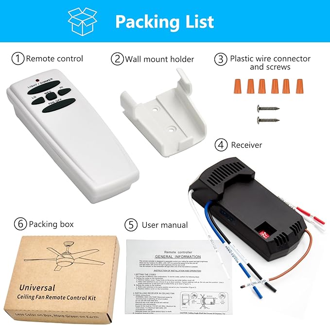 Universal Ceiling Fan Remote Control and Receiver Kit for Hampton Bay Hunter Harbor Breeze, 3-Speed Light Dimmer, Replacement for FAN28R FAN-53T L3H2010FANHD CHQ7078T UC7078T Fan-HD HD5 Kit