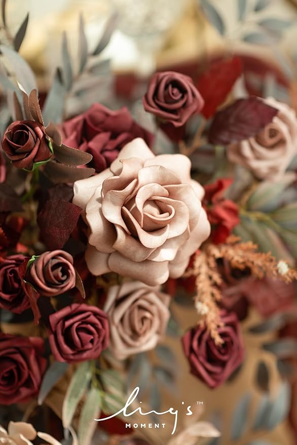 Ling's moment 2PCS Artificial Floral Swags Centerpieces Burgundy Wedding Flower Greenery Arrangements for Sweetheart/Head Table Decor Car Wall Window Arch Garden Decor Burgundy & Dusty Rose Maroon