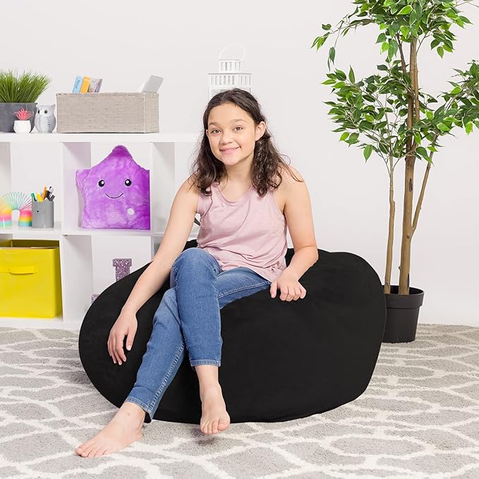 Posh Creations Bean Bag Chair for Kids, Teens, and Adults Includes Removable and Machine Washable Cover, Soft Faux Rabbit Fur - Black, 38in - Large