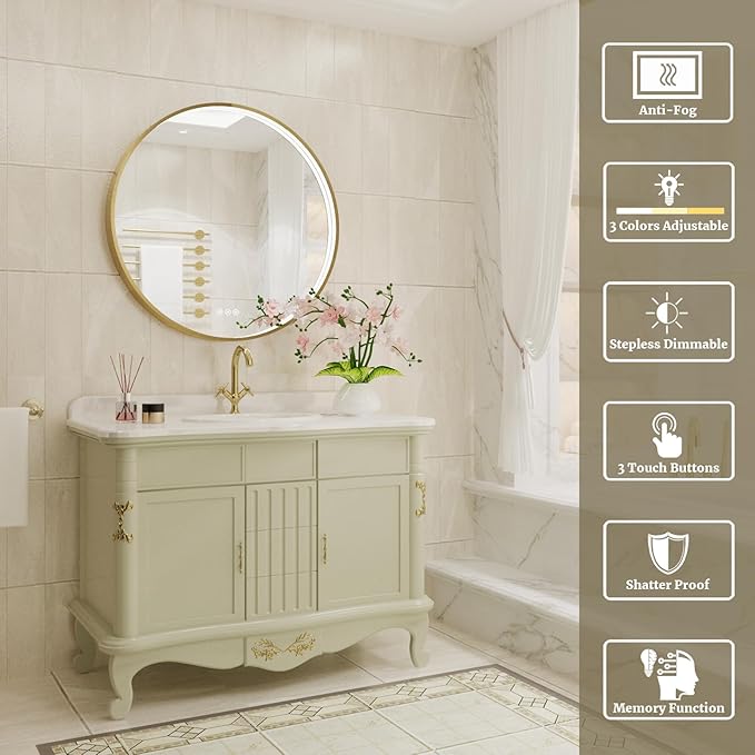 28 Inch Round LED Bathroom Mirror, Gold Metal Framed Lighted Mirror for Bathroom, Wall Mouted LED Vanity Mirror with Lights, 3 Colors and Stepless Dimmable, Anti-Fog, Memory