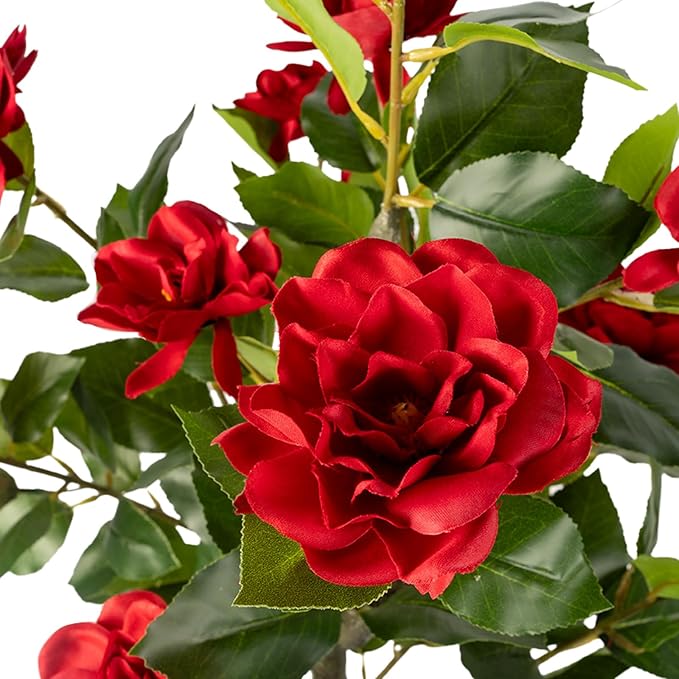 Artificial Camellia Tree 2 Pack, Artificial Plants Outdoor Faux Floral Plant in Cement Pot Fake Silk Camellia Tree Plants for Home House Living Room Office Decor