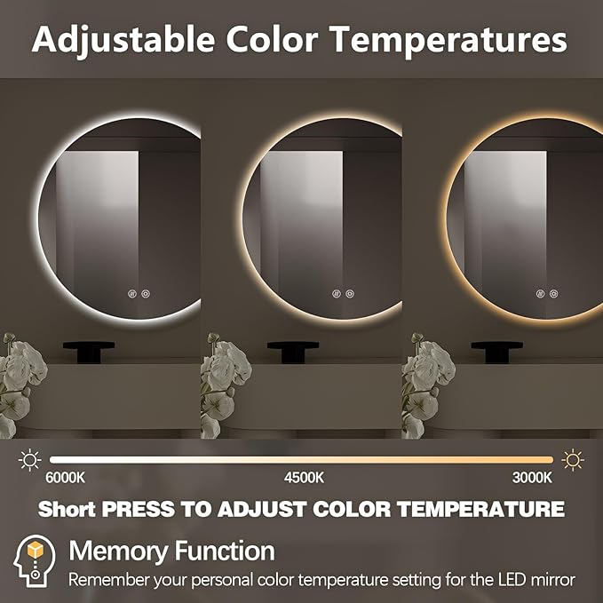 Niccy Round Led Mirror for Bathroom, 32" Circle Frameless Backlit Mirror wiht Light, Anti-Fog, 3 Colors, Waterproof, Memory Function