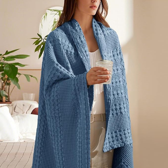 PHF 100% Cotton Waffle Weave Throw Blanket, Soft Lightweight Breathable Cozy Throws for Couch Bed Sofa, Luxury Aesthetic Woven Blanket for Home Decor & Office, 50"x60", Denim Blue