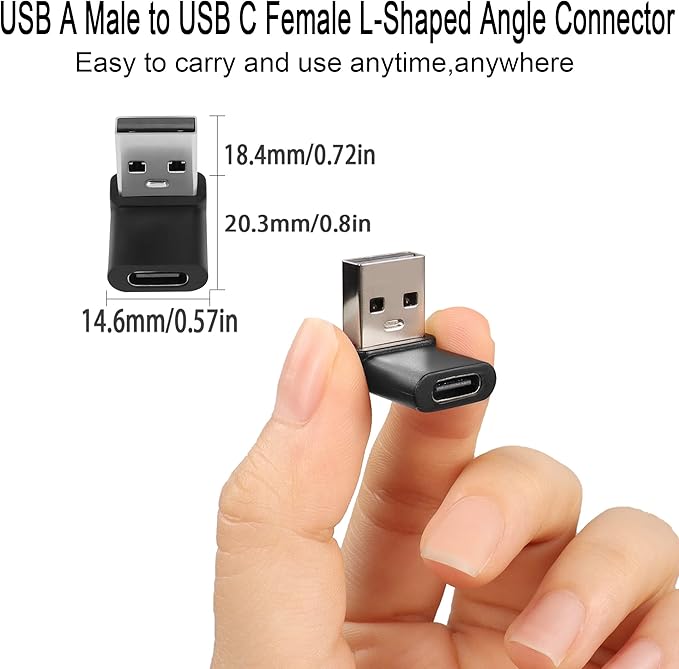 QIANRENON 10Gbps USB 3.1 to USB C 90° Angle Adapter USB A Male to USB C Female L-Shaped Angle Connector, for OTG Data Transfer 3A Charging, for PC Laptop Tablet,2Pcs (Positive Bend/Female up)