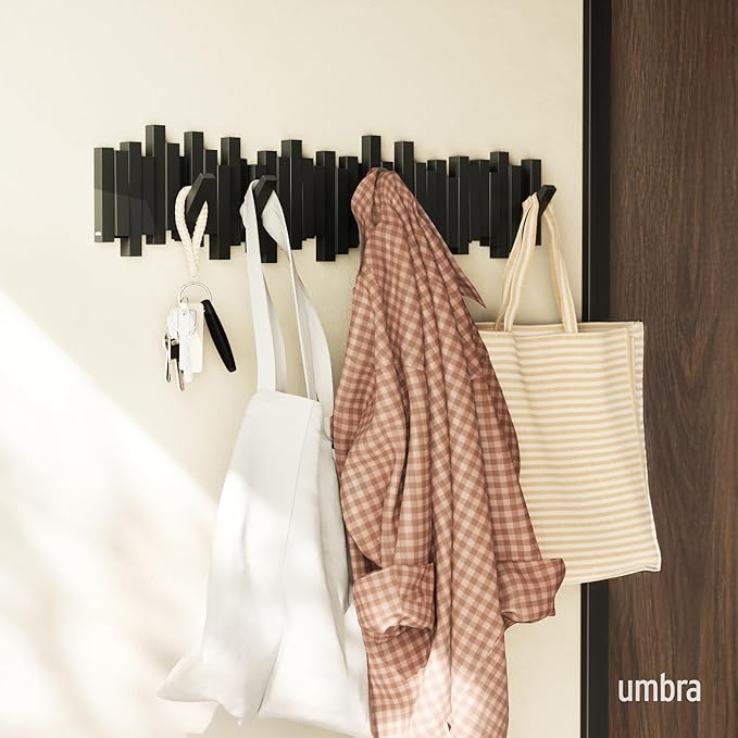 Umbra Sticks Wall-Mounted Coat Rack Rail Hook with 8 Retractable Pegs – Modern, Space-Saving Storage Organizer, Black
