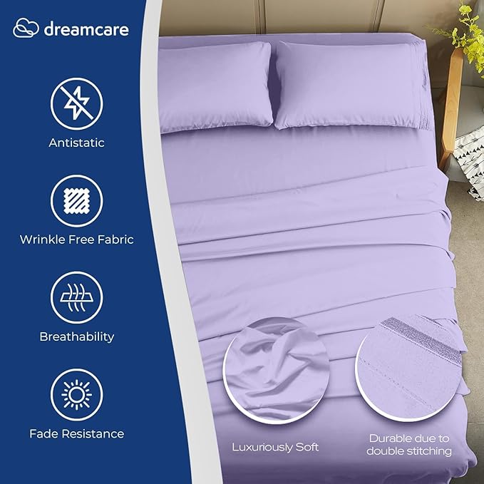 DREAMCARE Full Size Sheets Set - 4 Pcs Cooling Bed Sheets with Up to 15" Deep Pockets - Soft, Long-Lasting 100% Brushed Polyester with Side Pocket (Lavender)