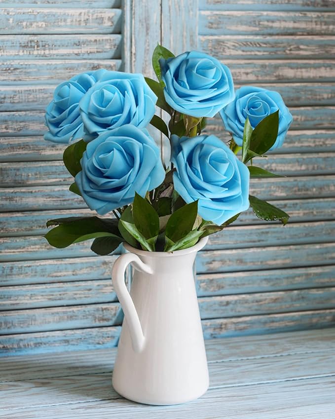 JOYLEX Artificial Flowers Realistic Roses, 25pcs Real Looking Fake Roses with Stem for DIY Wedding Bouquets Centerpieces Bridal Shower Party Home Romantic Decorations (Regular 3" - 25pcs, Light Blue)