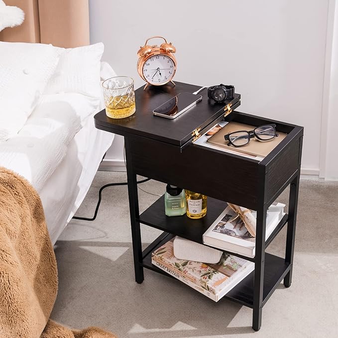 Yoobure End Table with Charging Station, Flip Top Side Table with USB Ports and Outlets, Sofa Couch Table Bedside Table for Living Room Bedroom, Narrow Nightstand with Storage Shelves for Small Space