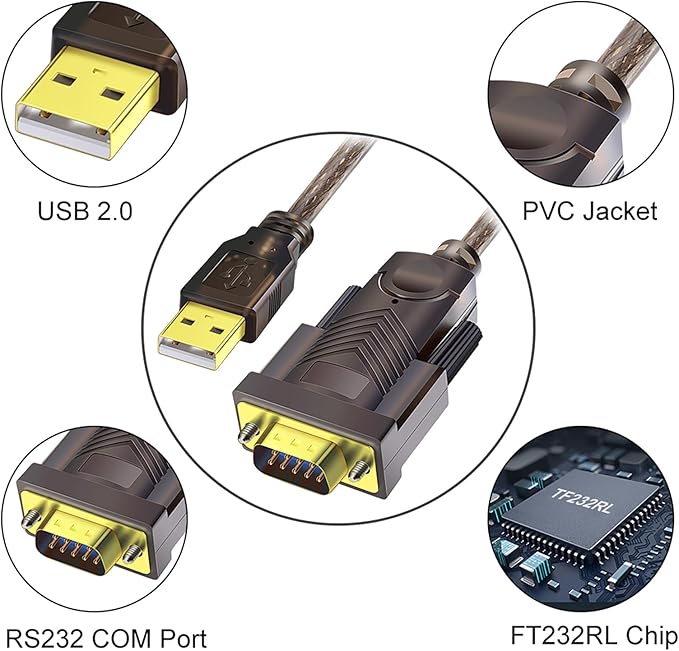 USB to RS232 Adapter with FTDI Chipset: 6ft USB 2.0 Male to RS232 Female DB9 Serial Converter Cable for Cashier Register, Modem, Scanner, Digital Cameras, CNC 6 Feet