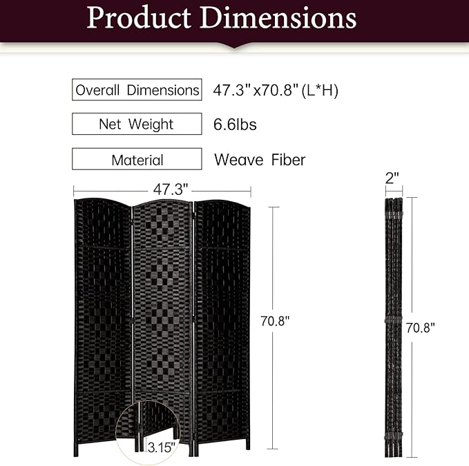 Rose Home Fashion 6 ft Tall Room Divider, Room Dividers and Folding Privacy Screens, 15.7in Privacy Screen 3 Panel Partition Temporary Wall Separation for Private, Black