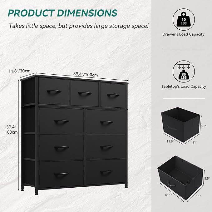 YITAHOME 9 Drawers Fabric Dresser, Dresser for Room, Black Chest of Drawers, Storage Tower Organizer Unit for Living Room, Closets - Sturdy Steel Frame, Wooden Top & Easy Pull Fabric Bins