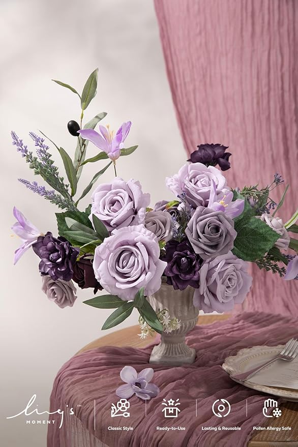 Ling's Moment Artificial Flowers Fake Roses Faux Peony Foam Gardenia Combo for DIY Wedding Bouquets Centerpieces Arrangements Bridal Shower Party Home Decorations, Lavender & Purple, 24pcs