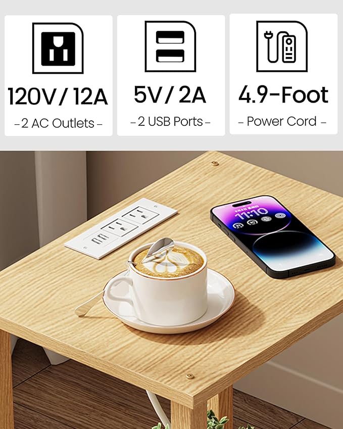 TUTOTAK End Table with Charging Station, Small Side Table with Outlets, Nightstand Bedside Table, 2-Tier Storage Shelf for Small Space, Living Room, Bedroom, Natural TB01BN040