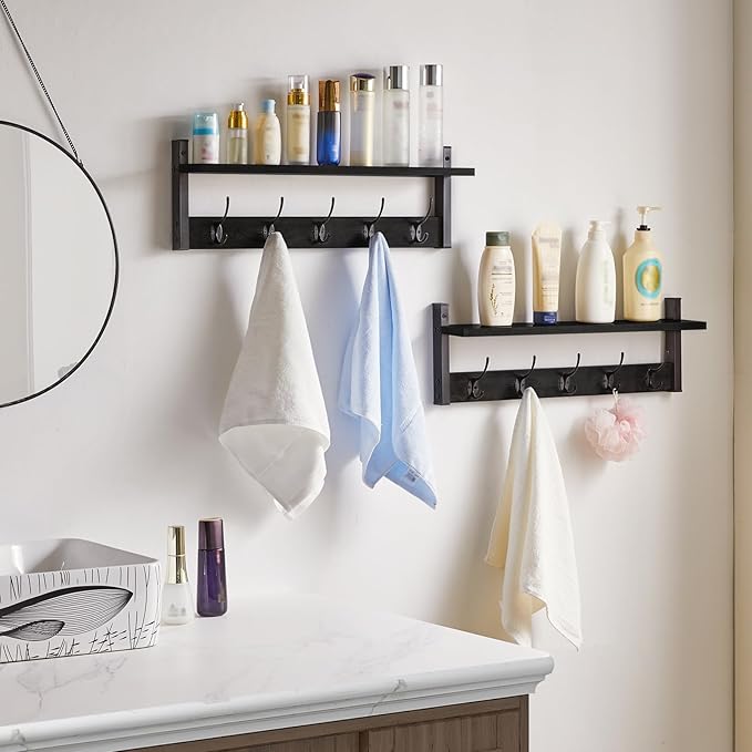 YMYNY Coat Rack Wall Mount with Shelf, 2 Pack 23.6" Coat Hooks Coat Hanger Wall Mount, Wall Hooks for Hanging, Hat Rack for Wall, Towel Hooks for Bathrooms, Black UHWS004B-2